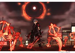 Rule 34 | 1boy, boots, bow (weapon), building, city, crossbow, dual wielding, fingerless gloves, gloves, glowing, glowing sword, glowing weapon, heterochromia, highres, holding, jacket, keyblade, kingdom hearts, kingdom hearts iii, looking at viewer, male focus, moon, night, night sky, planted, rooftop, serious, silver hair, sky, solo, standing, sword, weapon, yozora (kingdom hearts), zafa-02