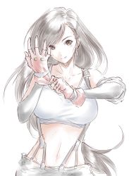 Rule 34 | black hair, black skirt, breasts, brown eyes, closed mouth, earrings, final fantasy, final fantasy vii, final fantasy vii remake, fingerless gloves, gloves, highres, jewelry, large breasts, long hair, low-tied long hair, midriff, mitsugu, navel, pencil skirt, putting on gloves, red gloves, shirt, skirt, smile, standing, stomach, suspender skirt, suspenders, swept bangs, tank top, taut clothes, taut shirt, tifa lockhart, upper body, very long hair, white tank top