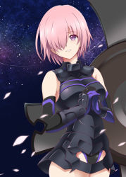 Rule 34 | 1girl, armor, armored dress, azumaya hironaru, bare shoulders, black leotard, breasts, elbow gloves, fate/grand order, fate (series), gloves, hair over one eye, highleg, highleg leotard, large breasts, leotard, light purple hair, looking at viewer, mash kyrielight, own hands together, parted lips, purple eyes, purple gloves, shield, short hair, smile