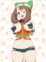 Rule 34 | bike shorts, blush, breasts, brown hair, cameltoe, cleft of venus, covering privates, covering breasts, creatures (company), game freak, gloves, grey eyes, hat, highres, large breasts, long hair, makoto daikichi, may (pokemon), navel, nintendo, open mouth, pokemon, smile, tears, wink