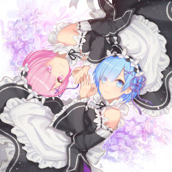 Rule 34 | 10s, 2girls, black ribbon, blue eyes, blue hair, choker, detached sleeves, eyes visible through hair, flower, from above, hair flower, hair ornament, hair over one eye, hair ribbon, head wreath, karimo/konchi, looking at viewer, lying, multiple girls, neck ribbon, on side, pink eyes, pink hair, purple ribbon, ram (re:zero), re:zero kara hajimeru isekai seikatsu, rem (re:zero), ribbon, ribbon-trimmed sleeves, ribbon trim, rotational symmetry, short hair, siblings, sisters, smile, twins, white flower