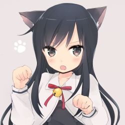 Rule 34 | &gt;:o, 10s, 1girl, :o, animal ears, asashio (kancolle), bell, black hair, blush, brown eyes, cat ears, collarbone, curled fingers, highres, jingle bell, kantai collection, kayuma, kemonomimi mode, long hair, looking at viewer, open mouth, paw pose, paw print, simple background, solo, v-shaped eyebrows