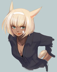 Rule 34 | 10s, 1girl, animal ears, bandage on face, bandages, blonde hair, breasts, cat ears, cat girl, cat tail, cleavage, dark-skinned female, dark skin, doraeshi, downblouse, final fantasy, final fantasy xiv, green eyes, headband, highres, licking lips, miqo&#039;te, short hair, solo, square enix, tail, tongue, tongue out