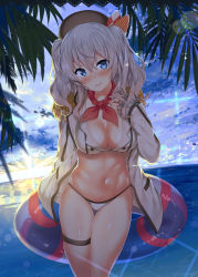 Rule 34 | 10s, 1girl, bad id, bad pixiv id, beach, beret, bikini, blue eyes, breasts, cleavage, cloud, day, epaulettes, frilled sleeves, frills, hat, highres, innertube, kantai collection, kashima (kancolle), kawai (purplrpouni), kerchief, large breasts, long hair, long sleeves, looking at viewer, military, military uniform, navel, ocean, open clothes, outdoors, palm tree, sidelocks, silver hair, sky, solo, standing, sunset, swim ring, swimsuit, thigh strap, tree, tsurime, twintails, uniform, water, wavy hair, white bikini