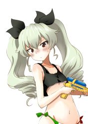 Rule 34 | 10s, 1girl, anchovy (girls und panzer), anchovy (girls und panzer), bikini, bikini bottom only, blush, brown eyes, commentary, crop top, drill hair, flag print, girls und panzer, green hair, hair ribbon, holding, italian flag, long hair, looking at viewer, multicolored bikini, multicolored clothes, nekota susumu, print bikini, ribbon, side-tie bikini bottom, sketch, solo, standing, swimsuit, tank top, twin drills, twintails, water gun, white background