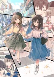 Rule 34 | + +, 2girls, ^ ^, ankle boots, backpack, bag, black hair, blush, boots, bow, braid, brown eyes, brown hair, cellphone, cinderella girls gekijou, city, closed eyes, cloud, cloudy sky, commentary, crepe, crosswalk, cup, day, food, frilled shirt, frills, fujiwara hajime, full body, furorida, hair between eyes, hat, highres, holding, holding bag, holding cup, holding food, holding hands, holding phone, idolmaster, idolmaster cinderella girls, jewelry, loafers, long hair, long skirt, multiple girls, multiple views, necklace, phone, pleated skirt, poster (object), shirt, shoes, shoulder bag, skirt, sky, smartphone, smile, socks, sparkle, twin braids, very long hair, waist bow, walking, yellow shirt, yorita yoshino
