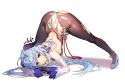 Rule 34 | 1girl, ahoge, aile (crossroads), arm rest, ass, back, bare shoulders, bell, black gloves, blue hair, blush, bodystocking, breasts, brown pantyhose, detached sleeves, dress, flexible, ganyu (genshin impact), genshin impact, gloves, hands on ground, horns, jack-o&#039; challenge, large breasts, legs, long hair, looking at viewer, meme, pantyhose, purple eyes, smile, solo, spread legs, stretching, top-down bottom-up, torn clothes, torn pantyhose, white dress, wide spread legs