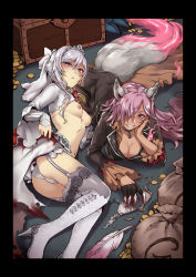 Rule 34 | 2girls, animal ears, ass, bag, blood, blue eyes, blush, boots, bow, bra, unworn bra, breasts, breasts out, choker, cinderella (sinoalice), claws, cleavage, clenched teeth, coin, crown, dark-skinned female, dark skin, dress, feathers, floor, fox ears, fox tail, frilled sleeves, frills, from above, garter straps, groin, hair between eyes, hair bow, hair over one eye, head rest, high heel boots, high heels, indoors, knee boots, large breasts, legs, long hair, looking at viewer, lying, mibry (phrysm), money, multiple girls, navel, nipples, on side, on stomach, panties, parted lips, pectorals, pink hair, purple eyes, sinoalice, small breasts, smile, snow white (sinoalice), tail, teeth, thighhighs, thighs, torn clothes, torn dress, underwear, white dress, white hair, white legwear, white panties