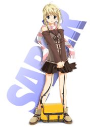 Rule 34 | 00s, 1girl, artoria pendragon (all), artoria pendragon (fate), backpack, bag, blonde hair, boots, casual, character name, fate/stay night, fate (series), fujitsuki, full body, miniskirt, official alternate costume, pleated skirt, randoseru, saber (fate), scarf, skirt, solo, standing, striped clothes, striped scarf