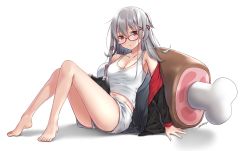 Rule 34 | 1girl, armpit crease, ass, bare legs, bare shoulders, barefoot, black jacket, breasts, cleavage, collarbone, glasses, hair ornament, hairclip, highres, indie virtual youtuber, jacket, knees up, long hair, looking at viewer, medium breasts, midriff, navel, off shoulder, one side up, open clothes, open jacket, parted lips, red-framed eyewear, red eyes, shirt, short shorts, shorts, silver hair, simple background, sitting, sleeveless, sleeveless shirt, solo, thighs, virtual youtuber, white background, white shirt, white shorts, yaki mayu, yaki mayuru