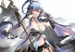 Rule 34 | 1girl, arknights, between breasts, black gloves, black shorts, blue hair, braid, breasts, chinese commentary, cleavage, coat, commentary request, detached collar, earrings, elbow gloves, gloves, gourd, gradient hair, highres, holding, holding staff, jewelry, lantern, large breasts, ling (arknights), long hair, long sleeves, looking at viewer, multicolored hair, navel, necktie, necktie between breasts, open clothes, open coat, outdoors, parted lips, pointy ears, pouch, purple eyes, purple hair, revealing clothes, short shorts, shorts, smile, solo, staff, strapless, tabayashi, underbust, very long hair, white coat, wide sleeves, yellow necktie