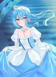 Rule 34 | 1girl, bibideba (hololive), blue dress, blue eyes, blue hair, cinderella, crown, dress, earrings, elbow gloves, flat chest, gloves, hair between eyes, highres, hololive, hoshimachi suisei, jewelry, lens flare, long hair, looking at viewer, magui3, mini crown, necklace, official alternate costume, parted lips, puffy short sleeves, puffy sleeves, short sleeves, side ponytail, sidelocks, skirt hold, solo, stairs, star (symbol), star in eye, stud earrings, symbol in eye, two-tone dress, virtual youtuber, white dress, white gloves