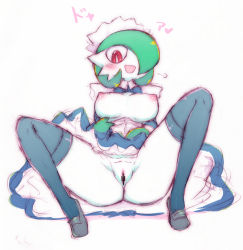 Rule 34 | 1girl, black footwear, black legwear, blush, breasts, censored, clothes lift, creatures (company), game freak, gardevoir, gen 3 pokemon, hair over one eye, ikanomaru, looking at viewer, maid, nintendo, nipples, open mouth, pokemon, pokemon (creature), red eyes, skirt, skirt lift, smile, solo, spread legs, white background