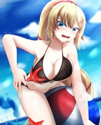 Rule 34 | 1girl, absurdres, akai haato, ball, beach, beachball, bikini, blonde hair, blue eyes, blue sky, blush, grabbing another&#039;s breast, breasts, cleavage, creature on chest, embarrassed, firen inferno, grabbing, highres, hololive, huge filesize, navel, sky, solo, starfish, swimsuit, virtual youtuber, water