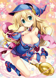 Rule 34 | 1girl, bare shoulders, blonde hair, blue eyes, blush, boots, breasts, choker, cleavage, collarbone, dark magician girl, duel monster, finger to own chin, fujima takuya, gauntlets, hat, large breasts, long hair, looking at viewer, pentacle, smile, solo, staff, star (symbol), wizard hat, yu-gi-oh!, yu-gi-oh! duel monsters