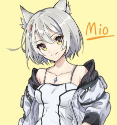 Rule 34 | 1girl, animal ears, breasts, camisole, cat ears, cat girl, chest jewel, jacket, mio (xenoblade), shoulder strap, small breasts, solo, tank top, white camisole, white hair, white jacket, white tank top, xenoblade chronicles (series), xenoblade chronicles 3, yamushinhan, yellow background