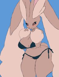 Rule 34 | 1girl, animal nose, bikini, black bikini, black sclera, blue background, blush, body fur, breasts, brown fur, closed mouth, clothed pokemon, colored sclera, creatures (company), female focus, flat color, furry, furry female, game freak, gen 4 pokemon, hands up, happy, highres, kiki (kiki1041101), large breasts, looking at viewer, lopunny, nintendo, nose blush, pokemon, pokemon (creature), rabbit ears, rabbit girl, rabbit tail, red eyes, side-tie bikini bottom, simple background, sketch, smile, solo, standing, swimsuit, thick thighs, thighs, two-tone fur, wide hips