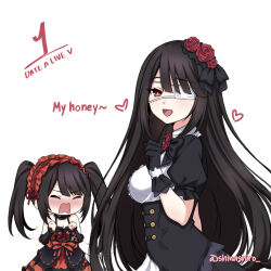 Rule 34 | alternate costume, black gloves, black hair, breasts, closed eyes, date a live, eyepatch, flower, gloves, goth fashion, gothic lolita, hair flower, hair ornament, hairband, highres, lolita fashion, lolita hairband, long hair, medical eyepatch, medium breasts, open mouth, puffy short sleeves, puffy sleeves, red eyes, red flower, red rose, rose, shinashiro, short sleeves, tokisaki kurumi, twintails, upper body
