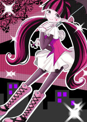 Rule 34 | 1girl, boots, cross-laced footwear, draculaura, dress, dutch angle, facial mark, full body, heart, heart facial mark, highres, holding, holding umbrella, leaning forward, looking at viewer, magifes himawari, monster high, multicolored hair, pantyhose, pink background, pink dress, pink footwear, pink hair, pink nails, pointy ears, safety pin earring, solo, streaked hair, twintails, umbrella, white dress