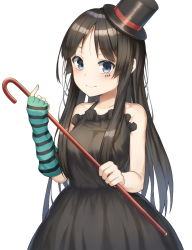 Rule 34 | 1girl, akiyama mio, bare arms, bare shoulders, black dress, black hair, black headwear, blue eyes, breasts, collarbone, commentary request, dress, elbow gloves, fingerless gloves, gloves, green gloves, hanavvi, highres, k-on!, long hair, looking at viewer, medium breasts, simple background, smile, solo, striped clothes, striped gloves, white background