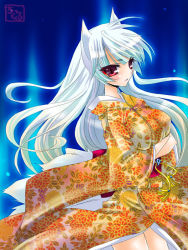 Rule 34 | 1girl, animal ears, breasts, chikkuru, crossed arms, eyeshadow, floral print, fox ears, fox tail, japanese clothes, kimono, kitsune, kyuubi, long hair, looking at viewer, makeup, medium breasts, multiple tails, original, purple eyes, red eyes, simple background, slit pupils, solo, tail, traditional clothes, white hair