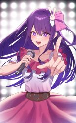 Rule 34 | 1girl, absurdres, collarbone, commentary, damcheong, dress, frilled dress, frills, hair ornament, highres, hoshino ai (oshi no ko), idol, long hair, microphone, open mouth, oshi no ko, pink dress, pointing, purple eyes, purple hair, rabbit hair ornament, solo, star-shaped pupils, star (symbol), symbol-shaped pupils, teeth