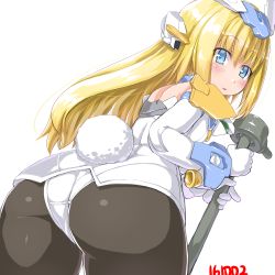 Rule 34 | 10s, 1girl, ass, bad id, bad pixiv id, baselard, black pantyhose, blonde hair, blush, dd (ijigendd), doll joints, elbow gloves, frame arms girl, from behind, gloves, green eyes, headgear, holding, joints, leotard, long hair, looking at viewer, looking back, mecha musume, pantyhose, playboy bunny, rabbit tail, screw, shiny clothes, simple background, solo, tail, thrusters, white background