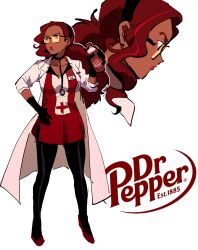 Rule 34 | 1girl, bad id, bad twitter id, black gloves, black pantyhose, dark-skinned female, dark skin, dr pepper, dress, full body, gloves, hairband, hand on own hip, highres, kendy (revolocities), lab coat, lipstick, logo, looking afar, makeup, mole, mole under mouth, multiple views, original, pantyhose, personification, red hair, red lips, simple background, soda bottle, standing, stethoscope, sunglasses, white background