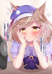 Rule 34 | 1boy, 1girl, breasts, brown hair, closed mouth, collarbone, commentary request, hair between eyes, hair ornament, hairclip, highres, horse girl, lpikamasi, matikane tannhauser (umamusume), medium breasts, school uniform, simple background, smile, solo focus, table, tracen school uniform, trainer (umamusume), translation request, umamusume, yellow eyes