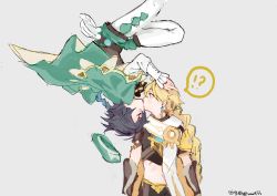 Rule 34 | !?, 2boys, aether (genshin impact), ahoge, black hair, blonde hair, blue hair, blush, braid, cape, closed eyes, feathers, frilled sleeves, frills, from side, genshin impact, gloves, gradient hair, green headwear, hair between eyes, hat, highres, kiss, long hair, long sleeves, looking at another, male focus, mamt56, multicolored hair, multiple boys, pantyhose, scarf, simple background, speech bubble, trap, twin braids, venti (genshin impact), white pantyhose, yaoi, yellow eyes
