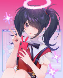 Rule 34 | 1girl, ame-chan (needy girl overdose), black hair, black nails, black ribbon, closed mouth, collar, collared shirt, hair ornament, hair over one eye, hair tie, hairclip, halo, heart, heart-shaped pupils, highres, holding, holding phone, jirai kei, knees up, looking at viewer, mohe (weibo 5045636563), multicolored nails, nail polish, neck ribbon, needy girl overdose, phone, purple eyes, red nails, red shirt, ribbon, shirt, shirt tucked in, sitting, solo, sparkle, symbol-shaped pupils, tongue, tongue out, twintails, upper body, v, white collar, x hair ornament