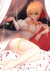 Rule 34 | 1girl, ahoge, arm support, ass, blonde hair, bow, breast press, bu li, collar, cup, curtains, detached sleeves, drinking glass, fate/grand order, fate (series), green eyes, hair bow, nero claudius (fate), nero claudius (fate) (all), nero claudius (fate/extra), nero claudius (formal dress) (fate), official alternate costume, petals, red bow, smile, solo, thighhighs, wine glass