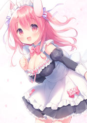 Rule 34 | 1girl, :d, animal ears, apron, black dress, black sleeves, bow, breasts, brown eyes, cleavage, commentary request, detached sleeves, dress, frilled apron, frills, hair between eyes, hair ribbon, highres, juliet sleeves, large breasts, leaning forward, long hair, long sleeves, maid headdress, one side up, open mouth, original, petals, pink bow, pink hair, pleated dress, puffy sleeves, purple ribbon, rabbit ears, ribbon, sakura (usashiro mani), simple background, sleeveless, sleeveless dress, smile, solo, usashiro mani, very long hair, white apron, white background