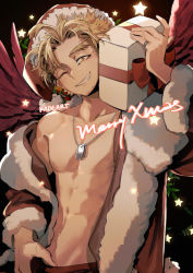 Rule 34 | 1boy, abs, bare pectorals, bare shoulders, blonde hair, boku no hero academia, box, collarbone, dog tags, facial hair, fang, gift, gift box, hat, hawks (boku no hero academia), head tilt, jewelry, kadeart, long sleeves, necklace, one eye closed, open clothes, open mouth, open shirt, orange eyes, pectorals, pectorals, ribbon, santa costume, santa hat, short hair, sleeves past elbows, smile, solo, star (symbol), stubble, teeth, thumb in beltline, wink