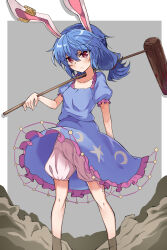 Rule 34 | 1girl, animal ears, bloomers, blue dress, blue hair, closed mouth, crescent print, dress, earclip, hair between eyes, highres, holding, holding mallet, kine, light blush, mallet, mifutatsu, ponytail, rabbit ears, rabbit girl, red eyes, seiran (touhou), solo, star (symbol), star print, touhou, underwear, white bloomers