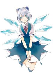 Rule 34 | 1girl, blue bow, blue dress, blue eyes, blue footwear, blue hair, bow, cirno, dress, full body, hair bow, ice, ice wings, looking at viewer, neck ribbon, own hands together, pinafore dress, prin dog, puffy short sleeves, puffy sleeves, red ribbon, ribbon, shirt, shoes, short hair, short sleeves, simple background, sleeveless, sleeveless dress, smile, solo, touhou, white background, wings, wrist cuffs