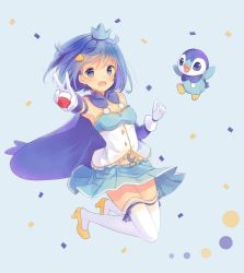 Rule 34 | 1girl, :d, adapted costume, ahoge, blue background, blue cape, blue eyes, blue hair, blue skirt, cape, creatures (company), crossover, crown, elbow gloves, frilled shirt, frills, game freak, gen 4 pokemon, gloves, high heels, hitsukuya, holding, jumping, looking at viewer, mahou shoujo madoka magica, mahou shoujo madoka magica (anime), mini crown, nintendo, open mouth, piplup, pleated skirt, poke ball, poke ball (basic), pokemon, pokemon (creature), shirt, short hair, simple background, skirt, smile, thighhighs, thighs, v, vest, white gloves, white thighhighs, yellow footwear