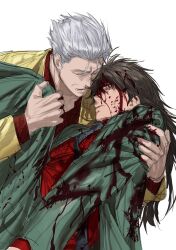 Rule 34 | 2boys, absurdres, black hair, blood, blood on clothes, blood on face, blood splatter, carrying, chamuring, commentary request, feet out of frame, gin to kin, green jacket, grey background, grey eyes, grey hair, hair between eyes, hair down, hair slicked back, highres, hirai ginji, jacket, korean commentary, long bangs, long hair, lower teeth only, male focus, morita tetsuo, multiple boys, old, old man, open mouth, princess carry, red shirt, shirt, short hair, simple background, teeth, yellow jacket