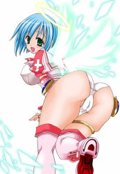 Rule 34 | 1girl, :d, angel, angel wings, artist request, ass, bent over, blouse, blue hair, blush, boots, breasts, cameltoe, covered erect nipples, djibril, djibril (makai tenshi djibril), elbow gloves, fingerless gloves, gloves, glowing, green eyes, halo, huge breasts, large breasts, leg lift, leg up, looking back, magical girl, makai tenshi djibril, manabe rika, nipples, one-piece swimsuit, open mouth, panties, pantyshot, pink footwear, pink thighhighs, school swimsuit, shirt, short hair, simple background, smile, solo, standing, swimsuit, swimsuit costume, thigh boots, thigh gap, thigh strap, thighhighs, thighs, underwear, white one-piece swimsuit, white panties, white school swimsuit, wings