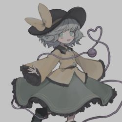 Rule 34 | 1girl, bad id, bad twitter id, black footwear, black hat, boots, bow, frilled skirt, frills, green eyes, green skirt, grey background, grey hair, hat, hat bow, heart, heart of string, komeiji koishi, long sleeves, open mouth, pi p y, shirt, simple background, skirt, solo, third eye, touhou, wide sleeves, yellow bow, yellow shirt