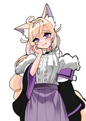 Rule 34 | 1girl, absurdres, ahoge, animal ears, bags under eyes, black jacket, blonde hair, braid, braided ponytail, center frills, cowboy shot, dog ears, dog girl, dog tail, frilled shirt, frills, fur-trimmed jacket, fur trim, hair between eyes, hairband, hand on own cheek, hand on own face, head tilt, highres, hololive, hololive english, jacket, koizumi arata, long hair, looking at viewer, mama puppy (fuwamoco), mature female, mole, mole under mouth, multicolored hair, off shoulder, pleated skirt, purple eyes, purple hair, purple skirt, real life insert, shirt, simple background, skirt, sleeveless, sleeveless shirt, solo, streaked hair, tail, thick eyebrows, very long hair, virtual youtuber, white background, white hairband, white shirt