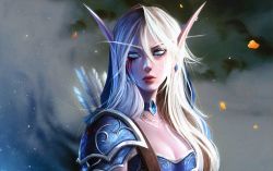 Rule 34 | 1girl, alisa nilsen, armor, arrow (projectile), blonde hair, blue choker, blue eyes, choker, closed mouth, earrings, elf, facial mark, hair between eyes, high elf (warcraft), highres, jewelry, long pointy ears, looking to the side, pauldrons, pointy ears, quiver, shoulder armor, sideways glance, solo, sylvanas windrunner, upper body, warcraft, warcraft 3
