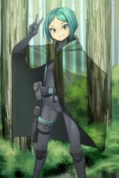 Rule 34 | 1girl, absurdres, android, aqua hair, belt, belt pouch, bodysuit, camouflage, camouflage cloak, cloak, commentary request, forest, green eyes, grey bodysuit, grin, highres, hispol (04-uma-alpha), holster, invisible, knee pads, looking at viewer, nature, original, pouch, science fiction, short hair, skin tight, slit pupils, smile, solo, standing, thigh holster, tree, v