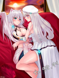Rule 34 | 00s, 2girls, animal ears, artist name, bad id, bad pixiv id, bare legs, beads, blue eyes, blush, breasts, cat ears, curtains, dungeon and fighter, elbow gloves, female gunner (dungeon and fighter), female slayer (dungeon and fighter), gloves, glowing, hand on another&#039;s chest, jewelry, korean text, long hair, midriff, multiple girls, necklace, off shoulder, palm tree, parted lips, purple eyes, shaojiang, sideboob, silver hair, sun, sunset, tree, white gloves, window, yuri