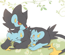 Rule 34 | = =, animal focus, blush, closed eyes, colored sclera, creatures (company), day, eye contact, family, flat color, from side, full body, game freak, gen 4 pokemon, grass, happy, light blush, looking at another, looking down, looking up, luxray, nintendo, no humans, on ground, open mouth, outdoors, pio (piopio poke), pokemon, pokemon (creature), red sclera, ringed eyes, shinx, sitting, sketch, sleeping, smile, yellow eyes