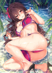 Rule 34 | 1girl, ass, bare shoulders, bikini, blush, bracelet, breasts, bridal garter, cleavage, collarbone, fate/grand order, fate (series), flower, hair between eyes, hibiscus, high heels, highres, jewelry, kawai (purplrpouni), large breasts, legs, long hair, looking at viewer, lying, navel, on side, pink bikini, purple hair, red eyes, scathach (fate), scathach (fate/grand order), scathach (swimsuit assassin) (fate), smile, solo, strap pull, swimsuit, thighs, water, wet