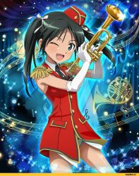 Rule 34 | 1girl, band uniform, elbow gloves, epaulettes, fang, francesca lucchini, gloves, green eyes, green hair, hat, instrument, long hair, marching band, matching hair/eyes, musical note, necktie, open mouth, smile, solo, staff (music), strike witches, treble clef, trumpet, twintails, uniform, world witches series