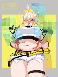 Rule 34 | 1girl, :3, ahoge, artist name, barcode, belly grab, blonde hair, blush, border, breasts, cowboy shot, disembodied limb, elegg (nikke), exposed pocket, fang, gloves, goddess of victory: nikke, grey border, grey shorts, hair intakes, hair over eyes, hand on another&#039;s stomach, heart, heart in mouth, highres, large breasts, long bangs, looking at viewer, medium hair, multicolored hair, navel, open mouth, outside border, pixel art, plump, purple eyes, short hair, shorts, shotaalter, simple background, solo focus, suspender shorts, suspenders, thick thighs, thigh strap, thighs, twitter username, upright ahoge, yellow background