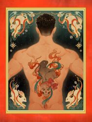 Rule 34 | 1boy, absurdres, arms at sides, back, back focus, bara, black hair, chinese zodiac, flame tattoo, highres, male focus, muscular, muscular male, nude, original, rabbit tattoo, short hair, skull tattoo, solo, upper body, year of the rabbit, yun shen