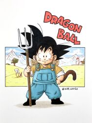 Rule 34 | a24wks, artist name, black footwear, blue overalls, boots, building, commentary request, copyright name, cosplay, dragon ball, dragon ball (classic), dragonball z, farm, farmer (dragon ball), farmer (dragon ball) (cosplay), hand on own hip, hat, hat on back, highres, holding, holding pitchfork, marker (medium), monkey tail, mountain, official style, overalls, pitchfork, plaid, plaid shirt, shirt, signature, sleeves rolled up, son goku, sun hat, tail, toriyama akira (style), traditional media, tree